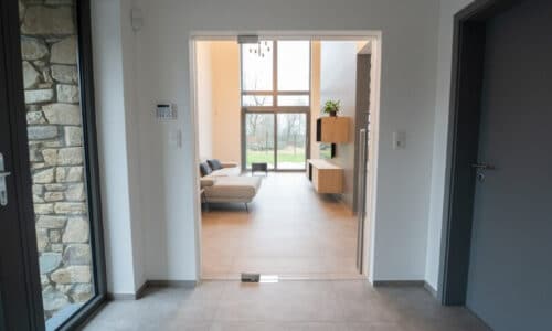 Réalisation de porte en verre sur pivot dans un intérieur moderne